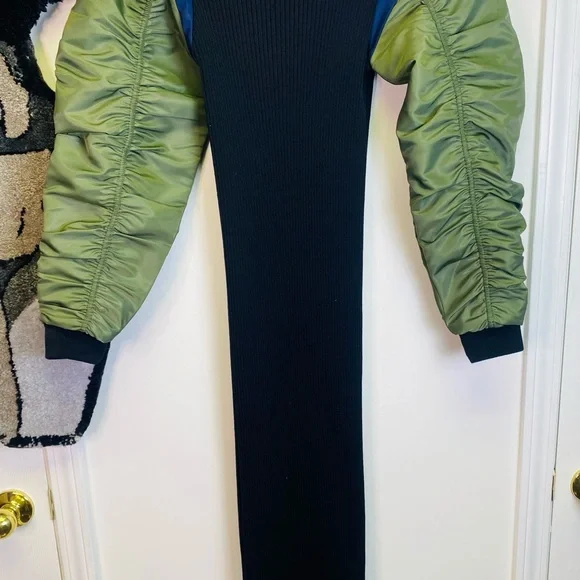 Zara Ribbed Black Midi Dress with Ruched Olive Green and Blue Bomber Sleeves - Picture 8 of 12